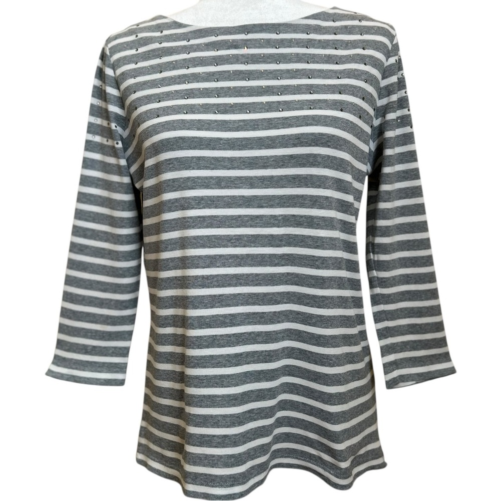 Bogner Top Womens Medium Striped Studded Gray 3/4 Sleeve Boatneck‎ Jersey Knit